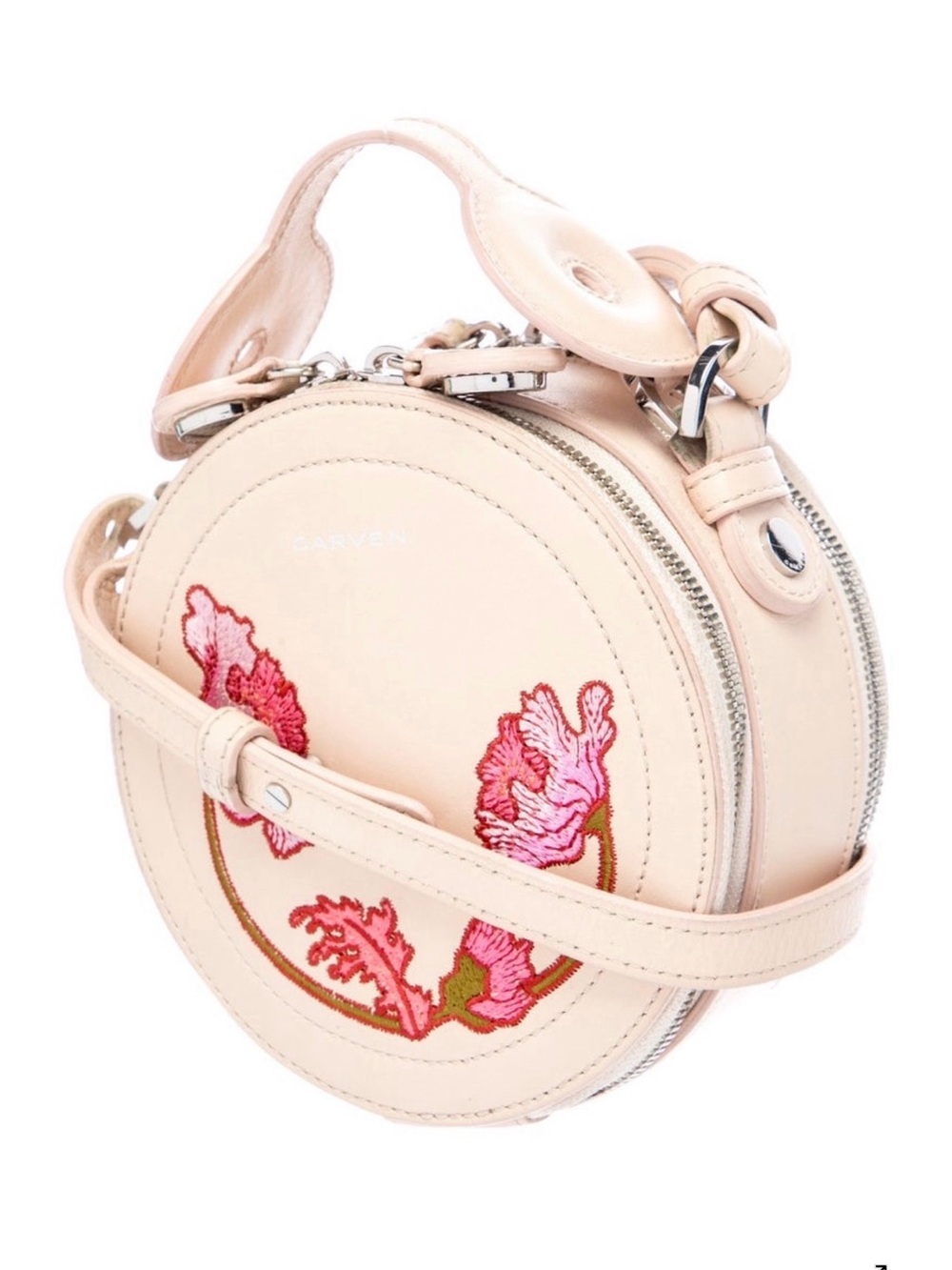 Carven blush pink round leather crossbody with floral embroidery